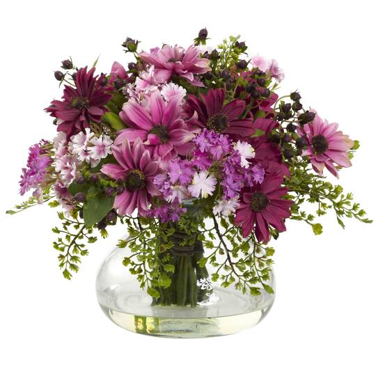 11.5&#x22; Pink &#x26; Purple Daisy Floral Arrangement in Glass Vase